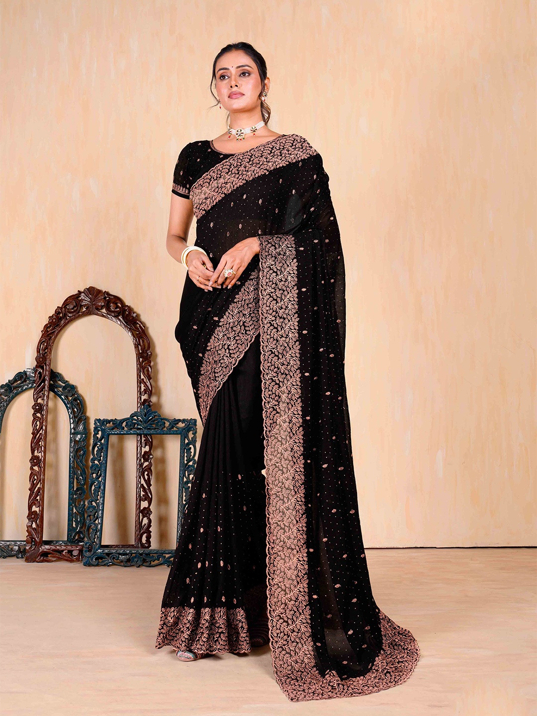 

Mitera Embellished Beads and Stones Embroidered Saree, Black