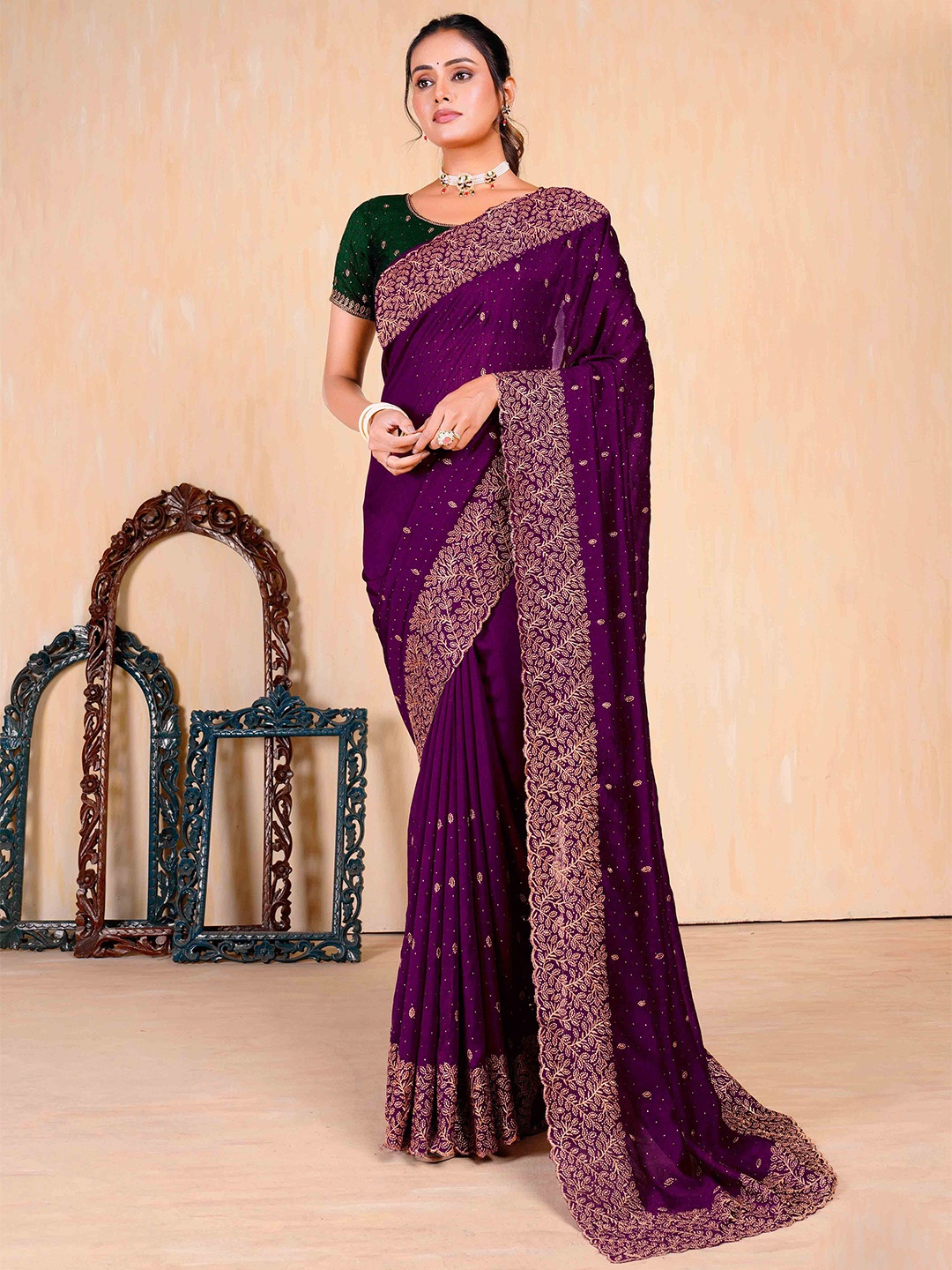 

Mitera Embroidered Beads and Stones Saree, Purple