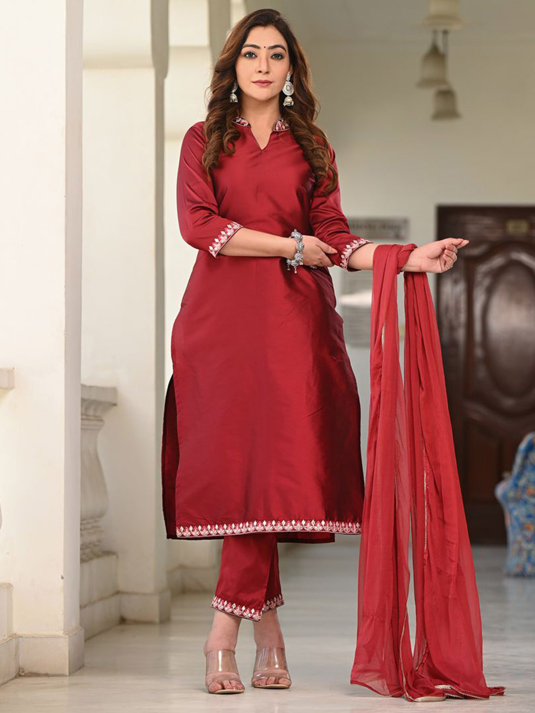 

Indi INSIDE Mirror Work Embroidered Silk Suit Set, Maroon