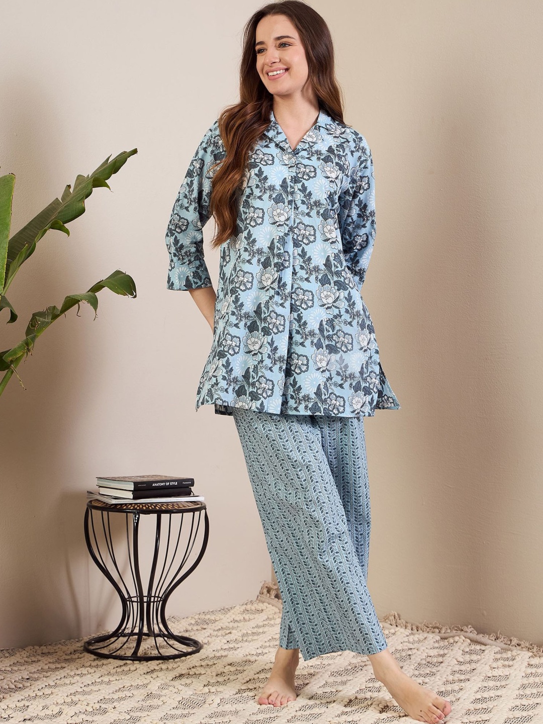 

July Floral Printed Night suit, Blue