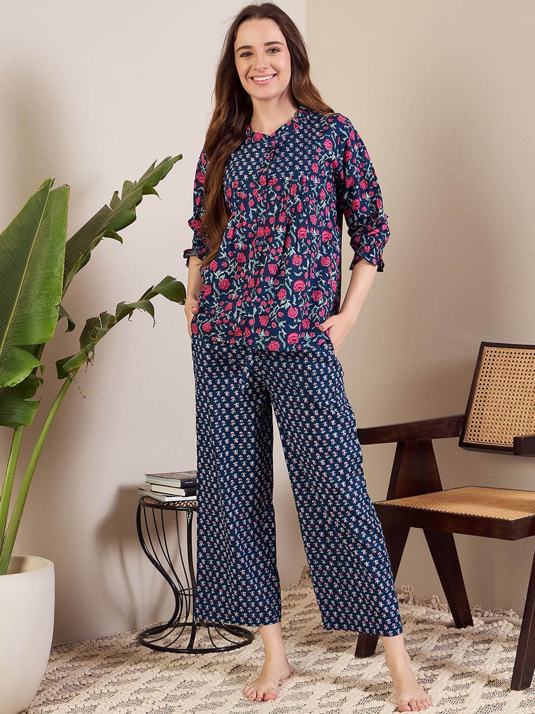 

July Floral Printed Night suit, Navy blue