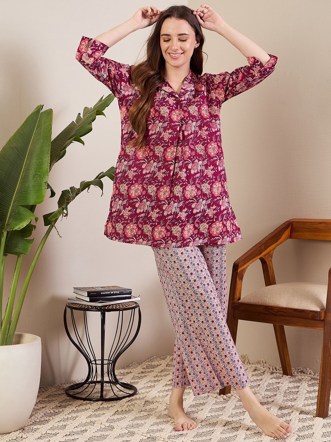 

July Floral Printed Night suit, Red