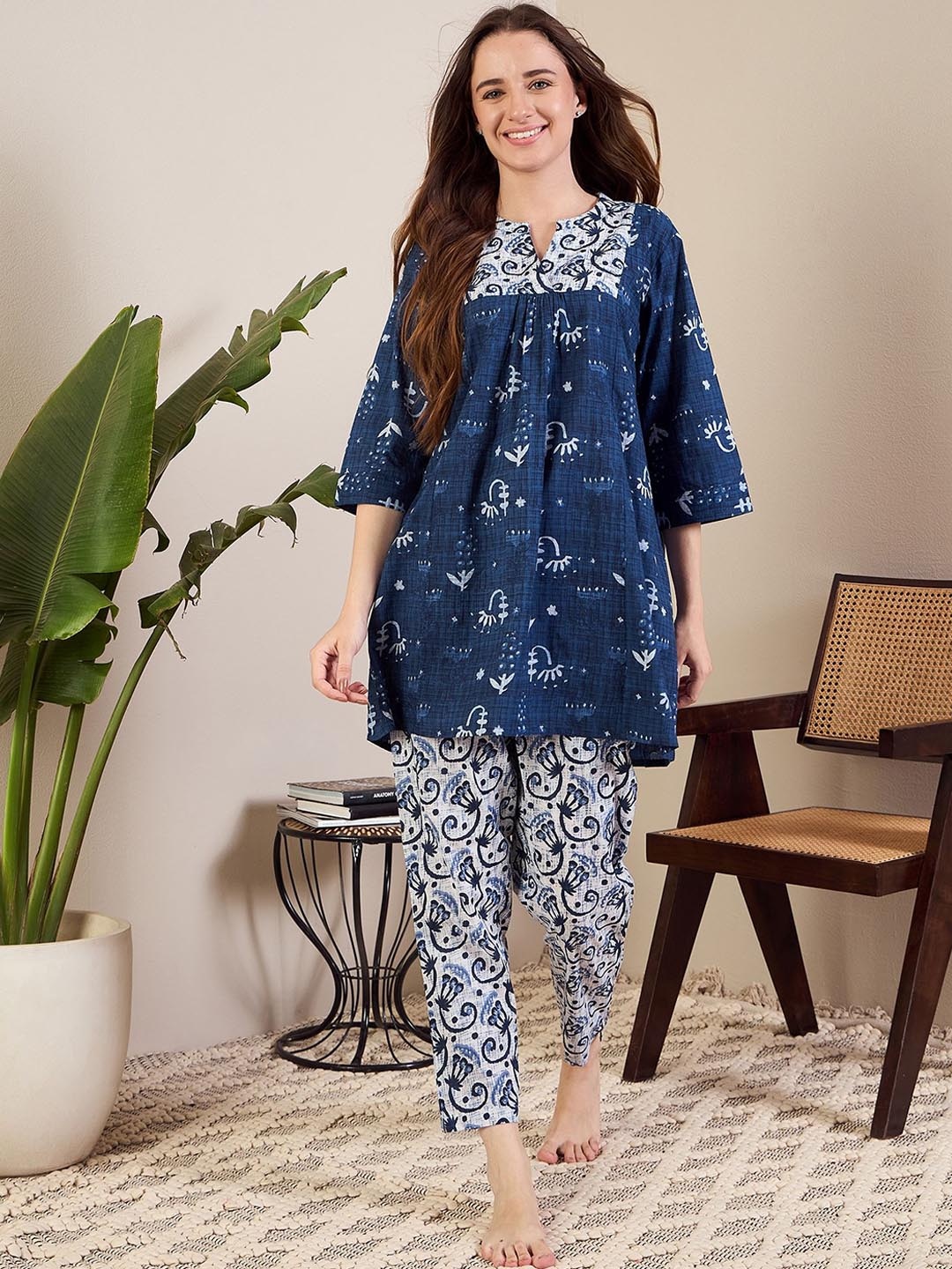 

July Floral Printed Night suit, Blue