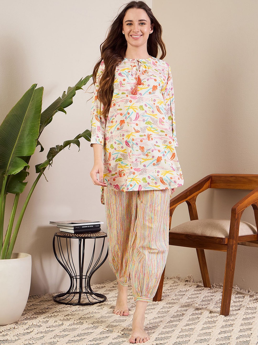 

July Floral Printed Night suit, White