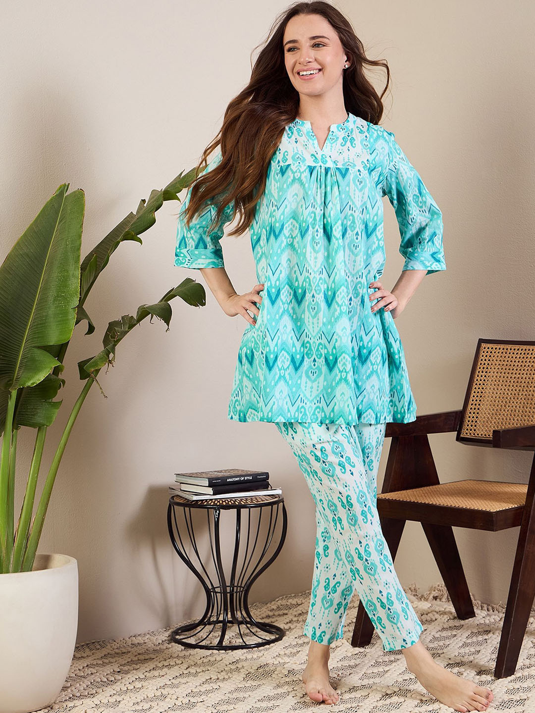 

July Ethnic Motifs Printed Night suit, Blue