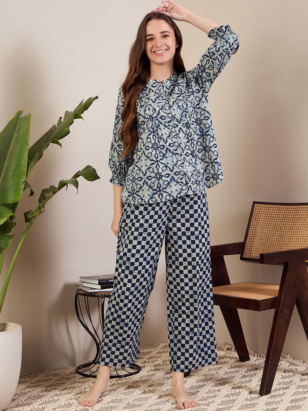 

July Geometric Printed Night suit, Grey