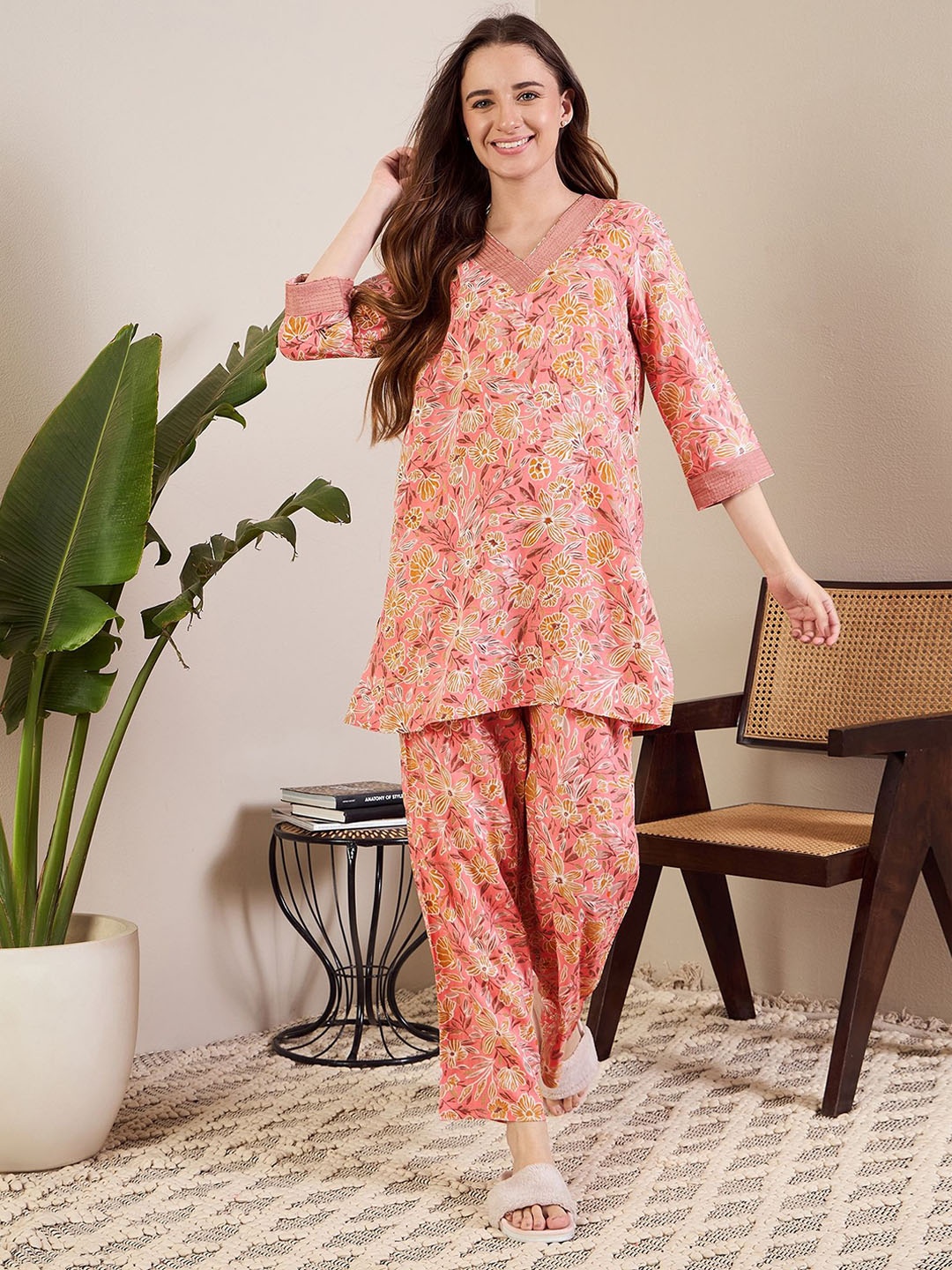 

July Floral Printed Night suit, Peach
