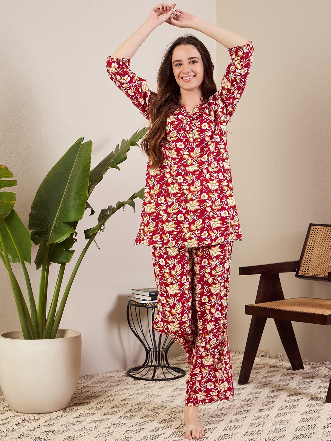 

July Floral Printed Night suit, Maroon