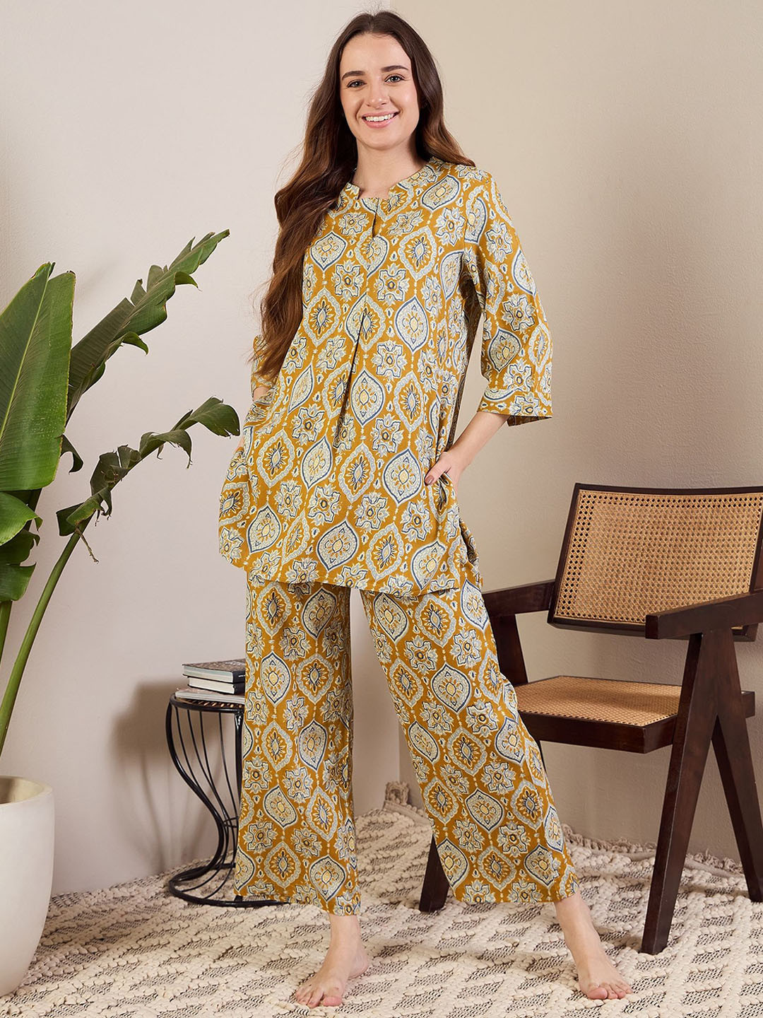 

July Floral Printed Night suit, Mustard