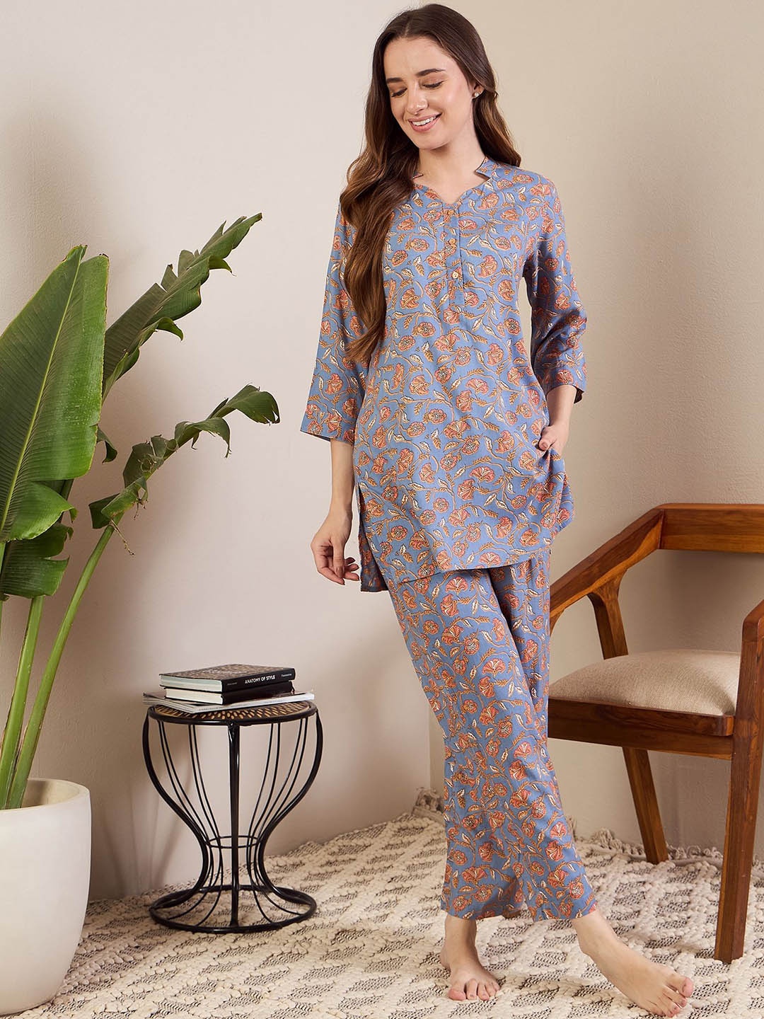 

July Floral Printed Night suit, Grey