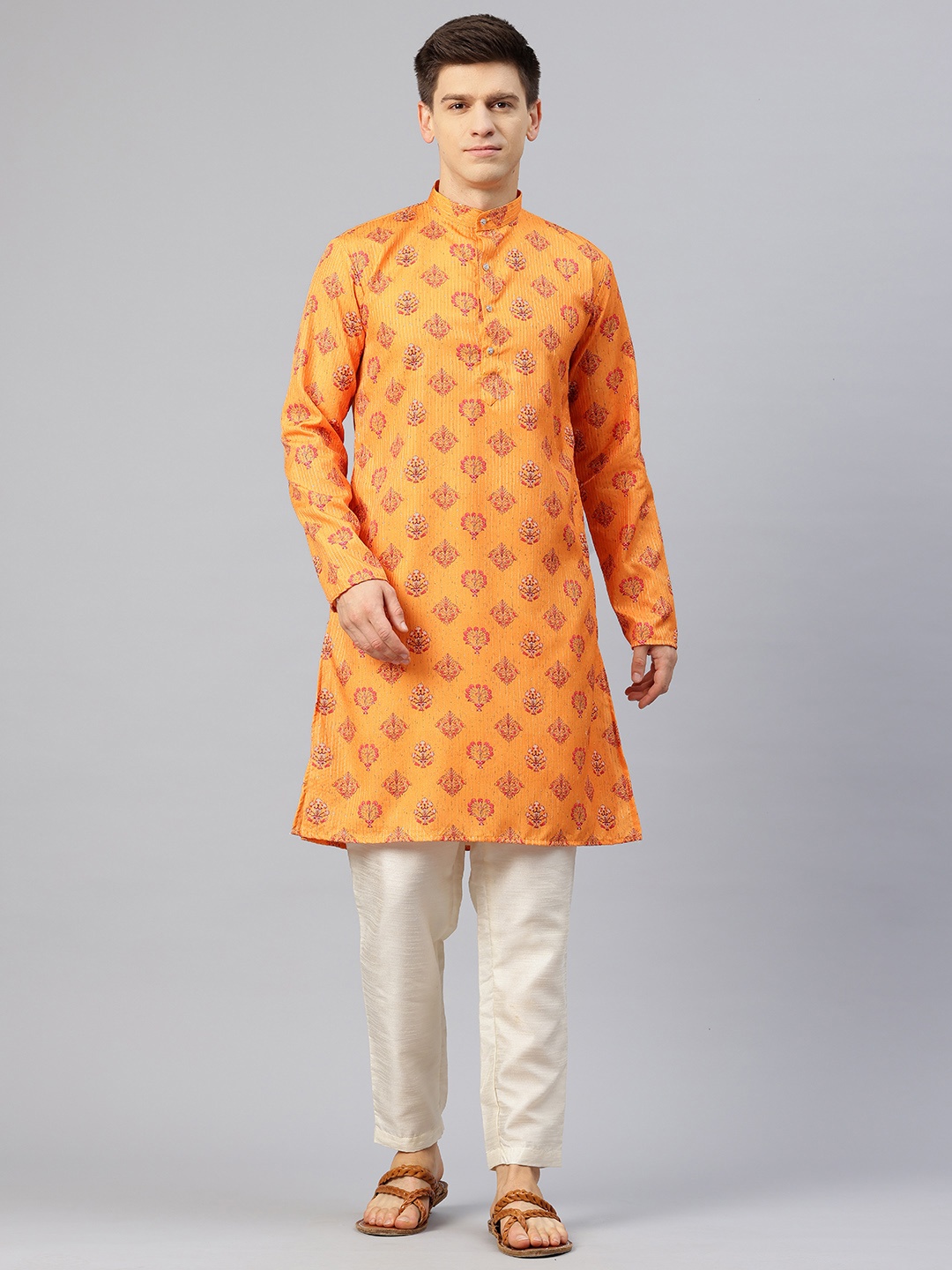 

Luxrio Men Ethnic Motifs Printed Sequinned Mandarin Collar Kurta, Mustard