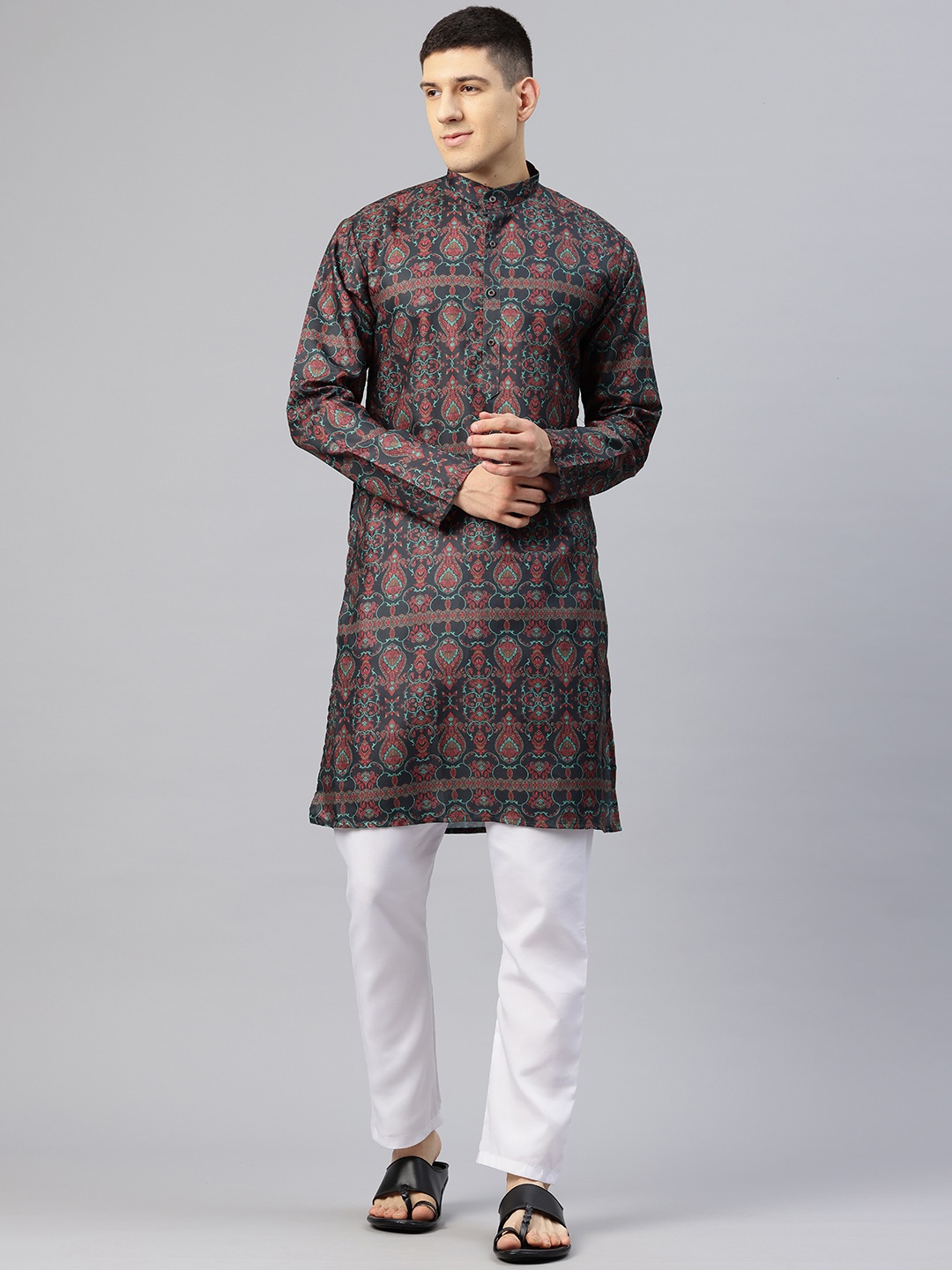 

Luxrio Men Ethnic Motifs Printed Mandarin Collar Kurta, Black