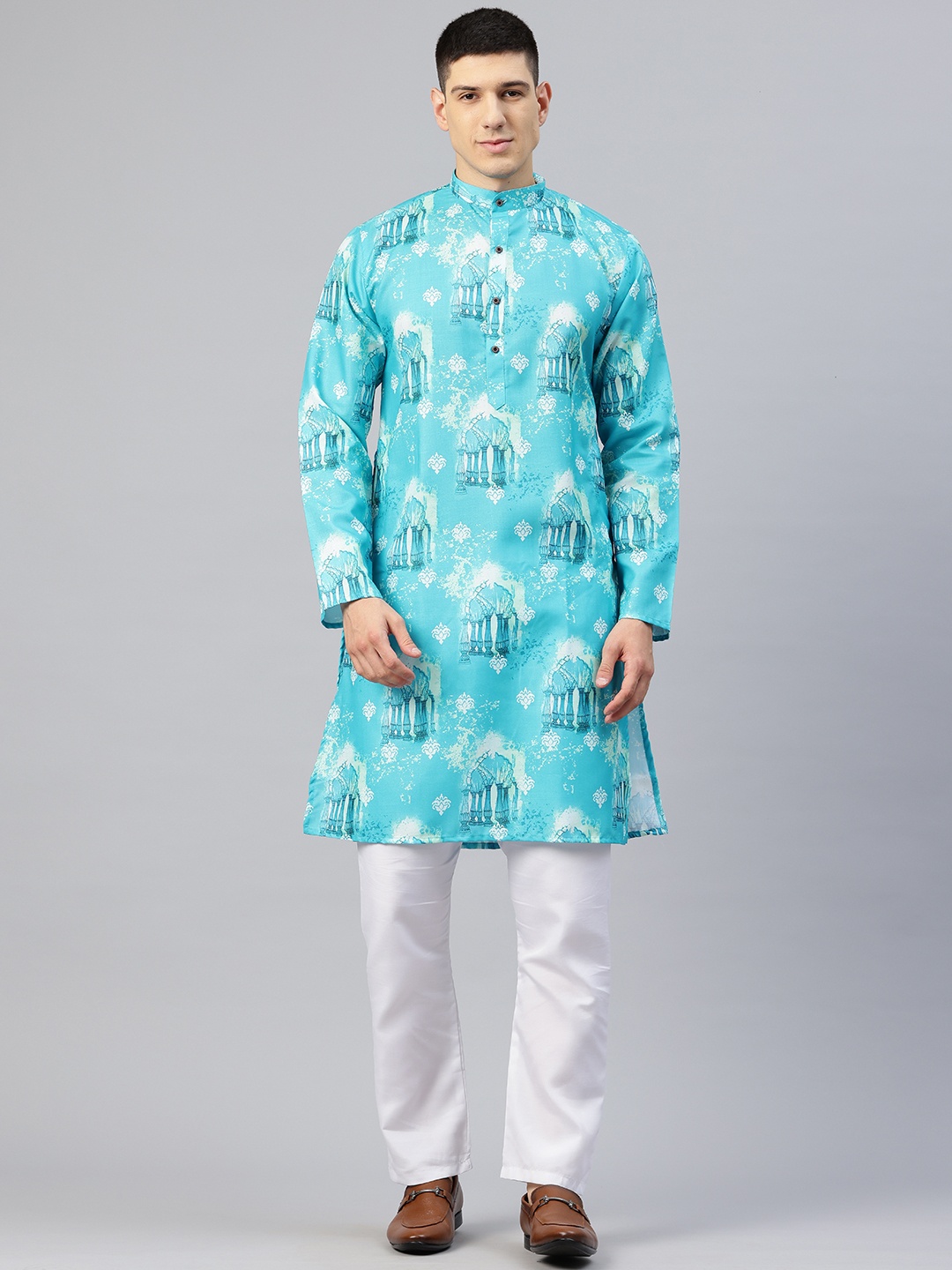 

Luxrio Men Ethnic Motifs Printed Mandarin Collar Kurta, Turquoise blue