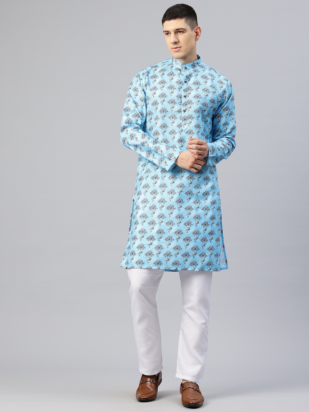 

Luxrio Men Floral Printed Mandarin Collar Kurta, Blue