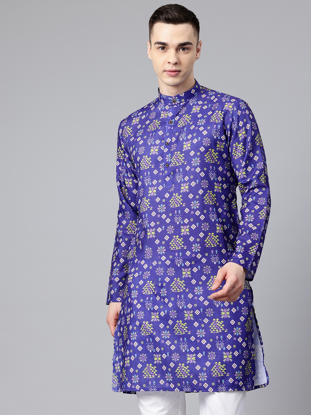 

Luxrio Men Geometric Printed Mandarin Collar Kurta, Blue