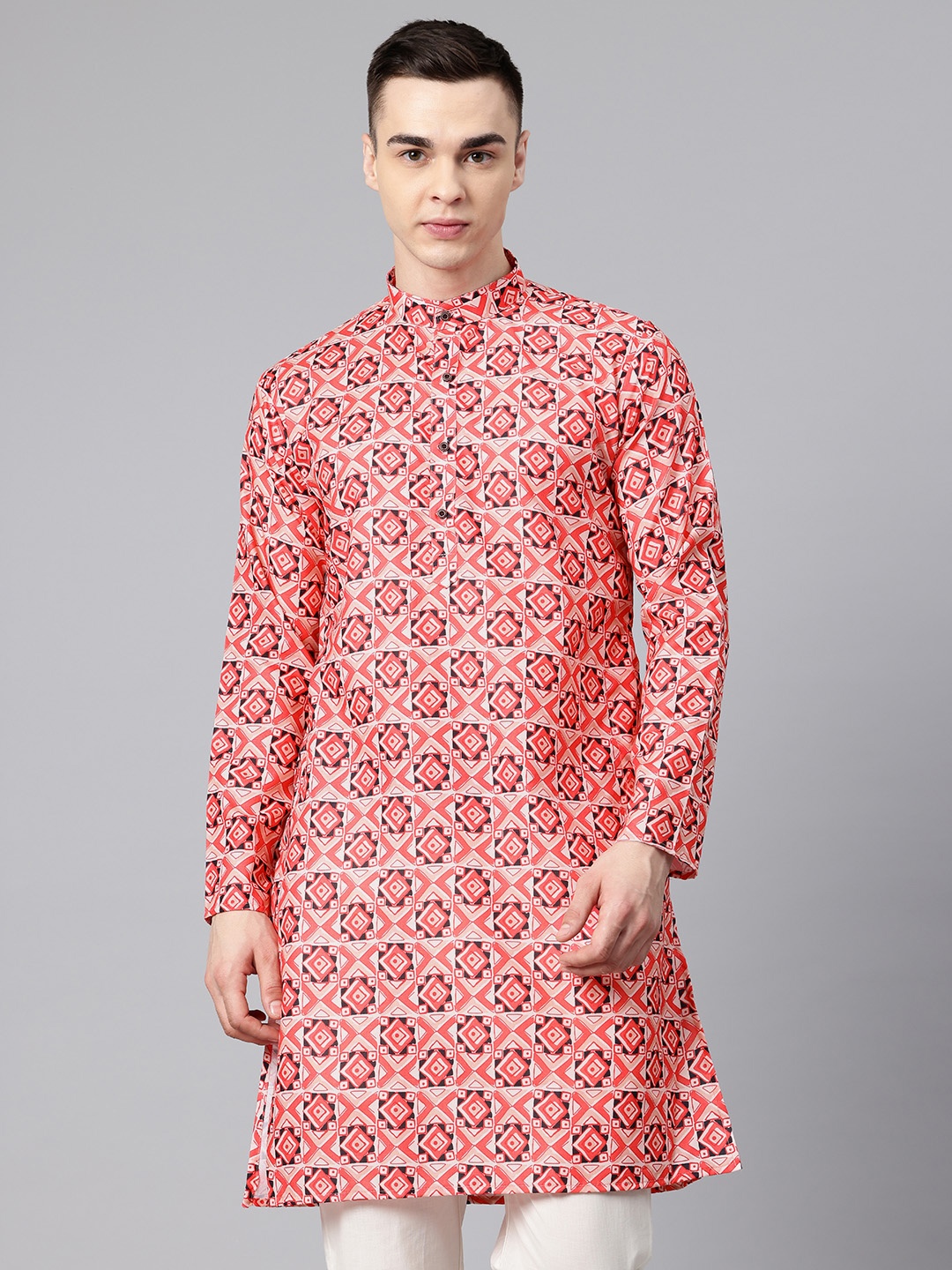 

Luxrio Men Geometric Printed Mandarin Collar Kurta, Red