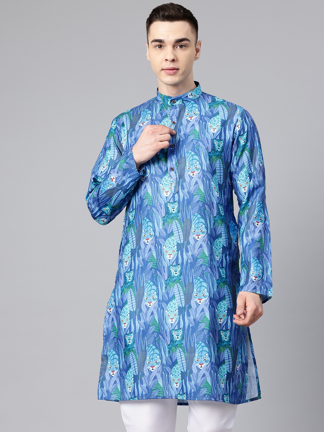 

Luxrio Men Quirky Printed Mandarin Collar Kurta, Blue