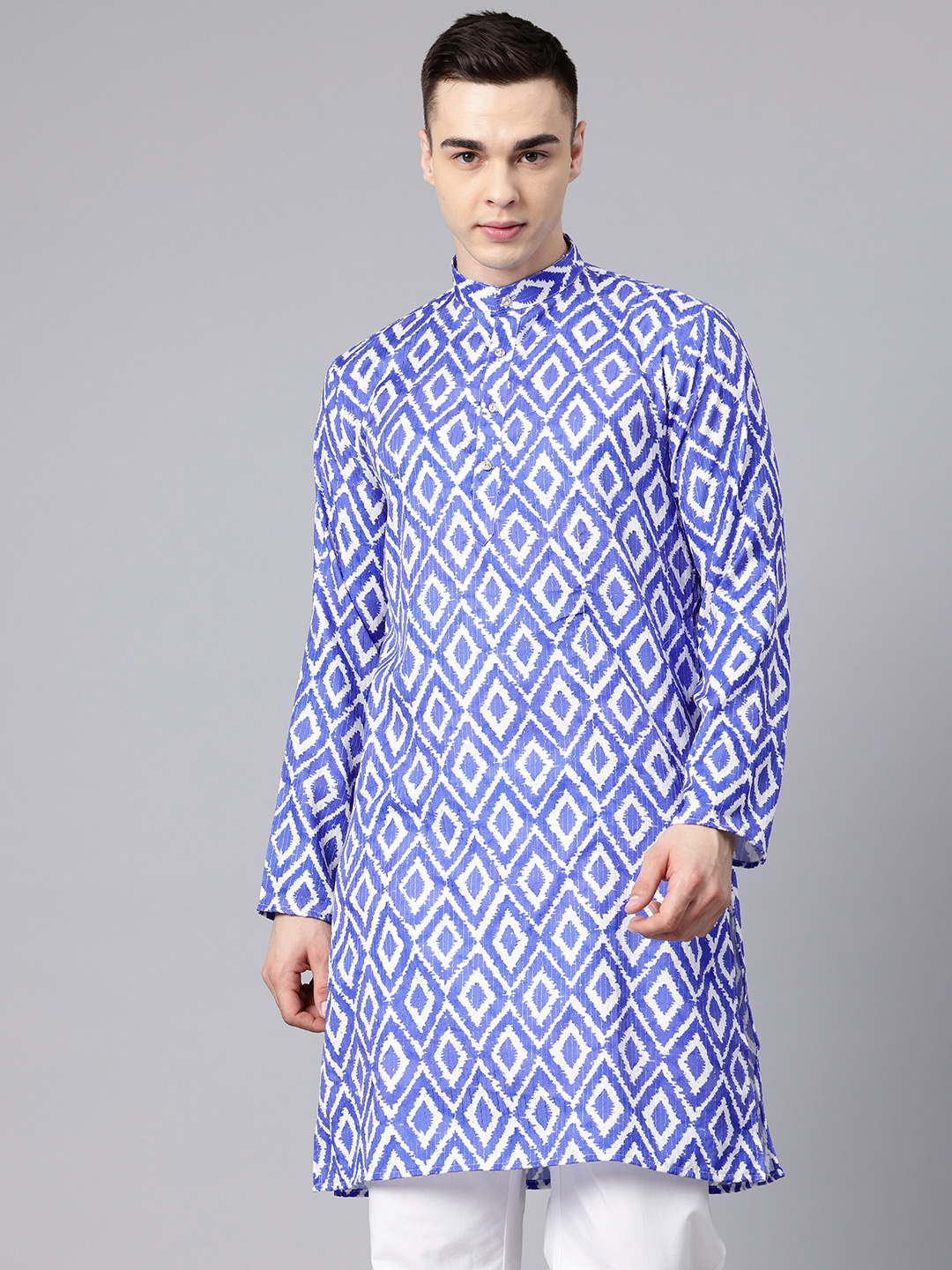 

Luxrio Men Geometric Printed Sequinned Mandarin Collar Kurta, Blue