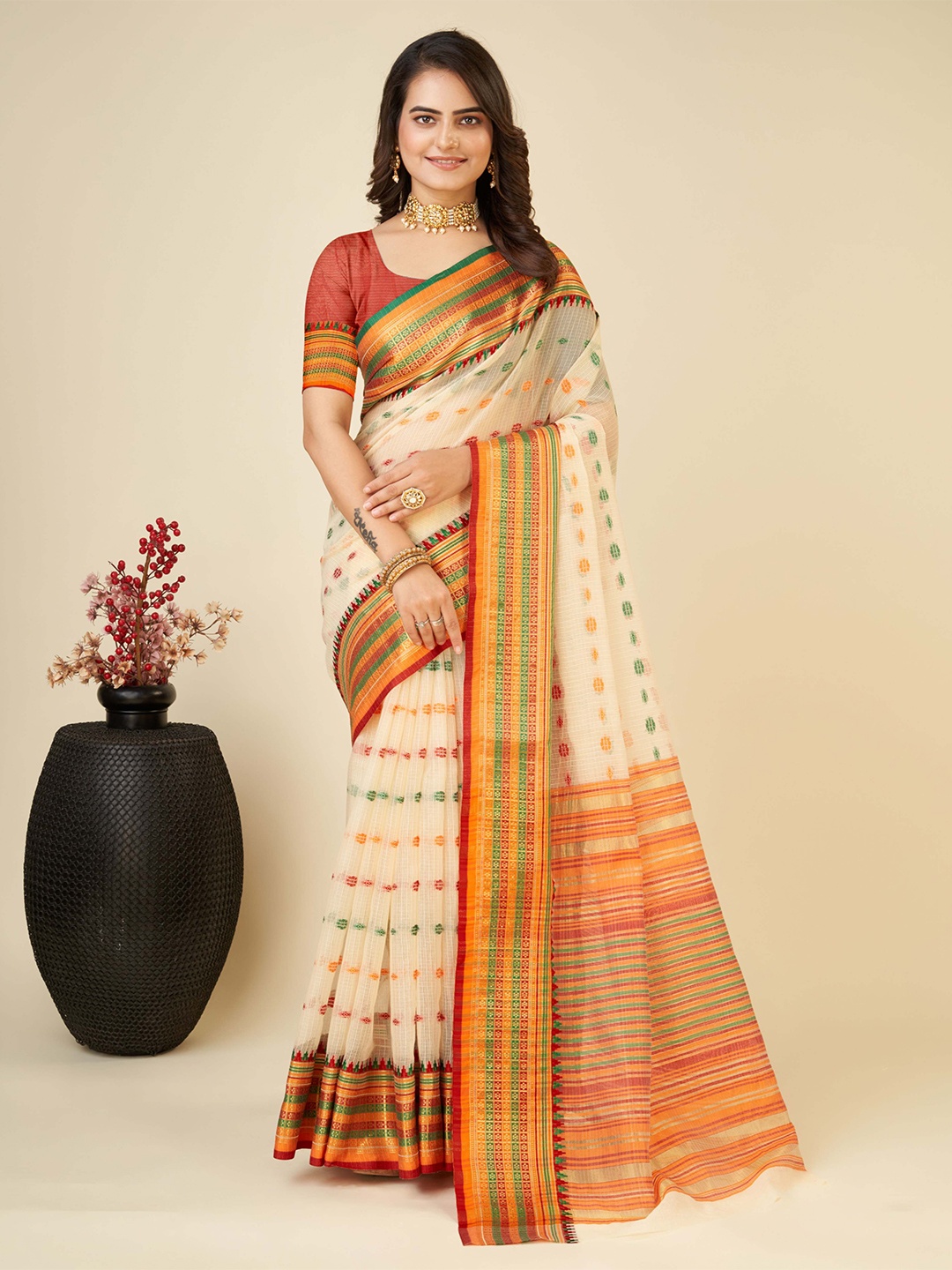 

bansari textiles Woven Design Zari Banarasi Saree, Cream