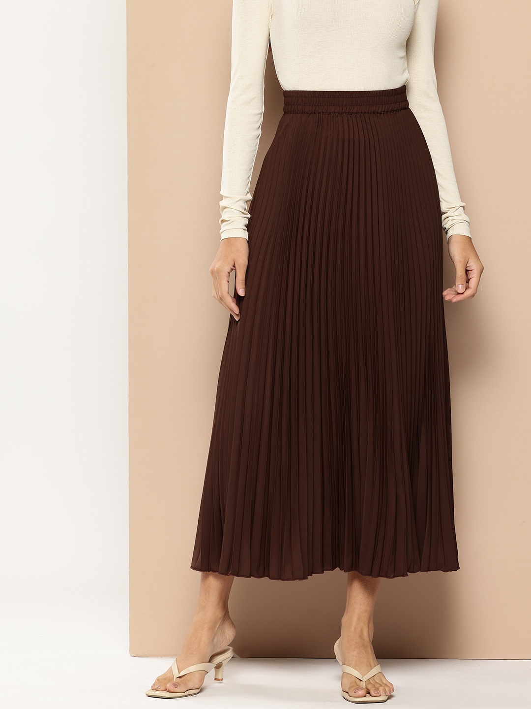 

Chemistry Accordion Pleats Maxi Flared Skirt, Coffee brown