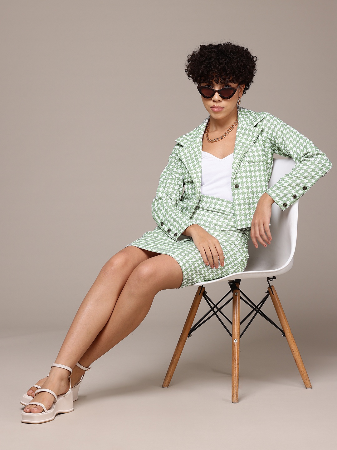 

Roadster Printed Blazer With Skirt Co-Ords, Green