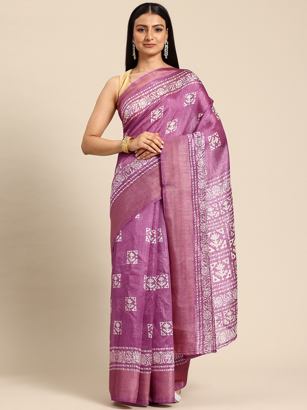 

HERE&NOW Batik Zari Block Print Saree, Purple