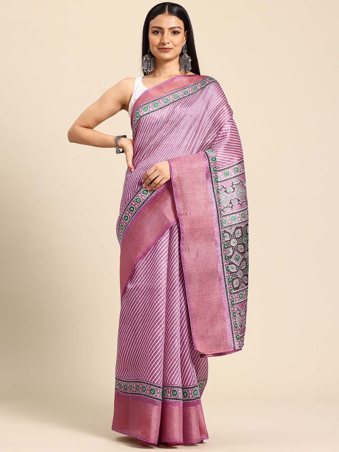 

HERE&NOW Leheriya Printed Zari Saree, Pink