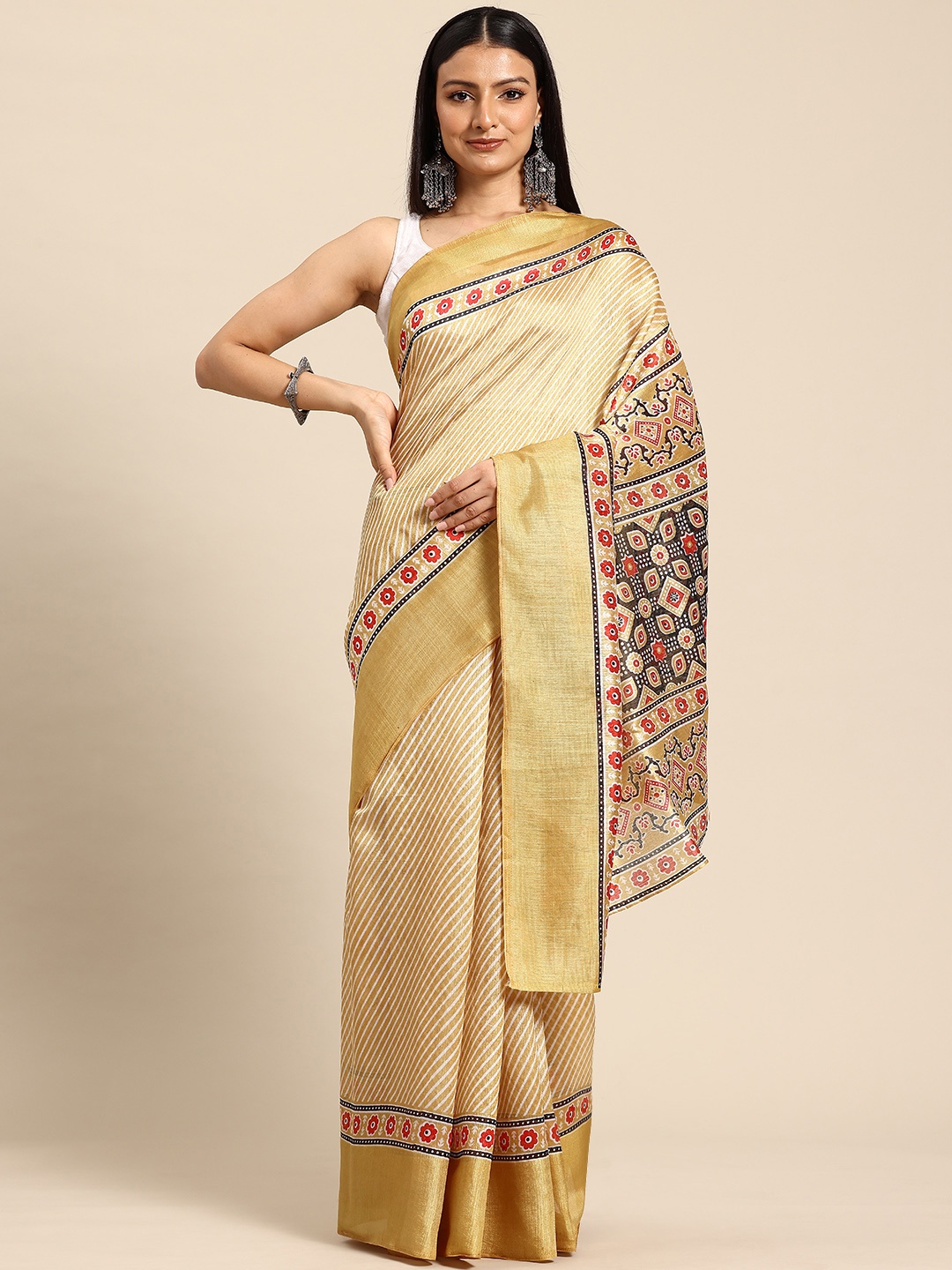 

HERE&NOW Leheriya Printed Zari Saree, Yellow