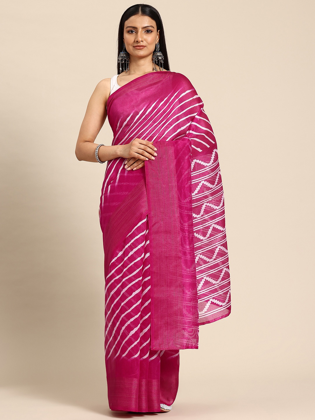 

HERE&NOW Leheriya Printed Zari Saree, Pink