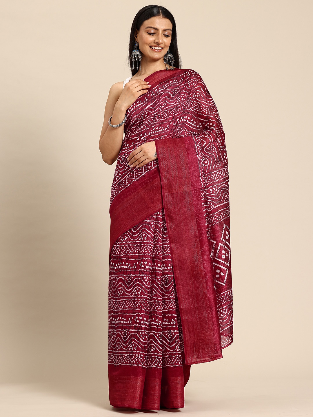 

HERE&NOW Bandhani Printed Zari Saree, Maroon
