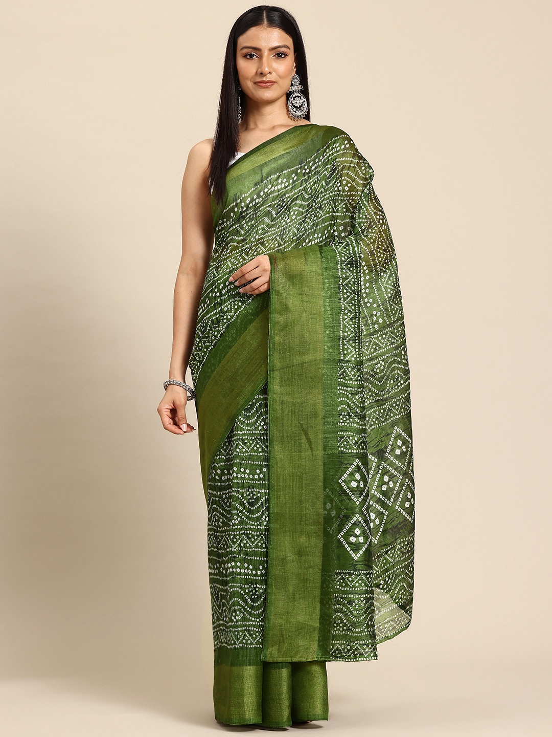 

HERE&NOW Bandhani Printed Zari Saree, Green