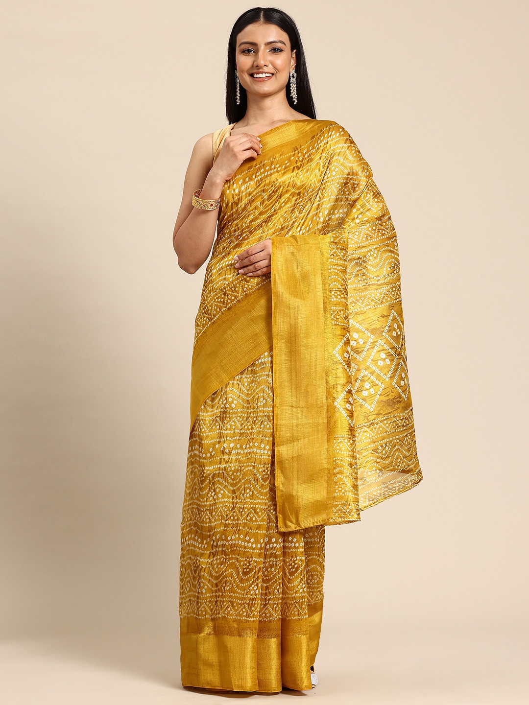 

HERE&NOW Bandhani Printed Zari Saree, Yellow