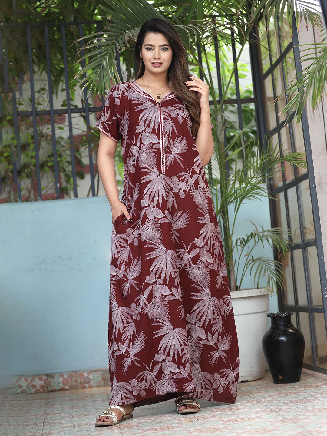 

G4Girl Floral Printed V-Neck Maxi Nightdress, Maroon