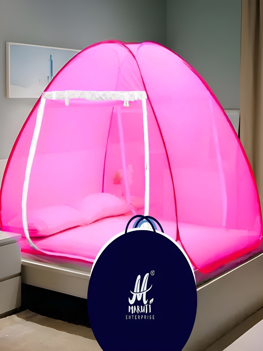 

MARUTI ENTERPRISE Pink & White King Size Tent Mosquito Net