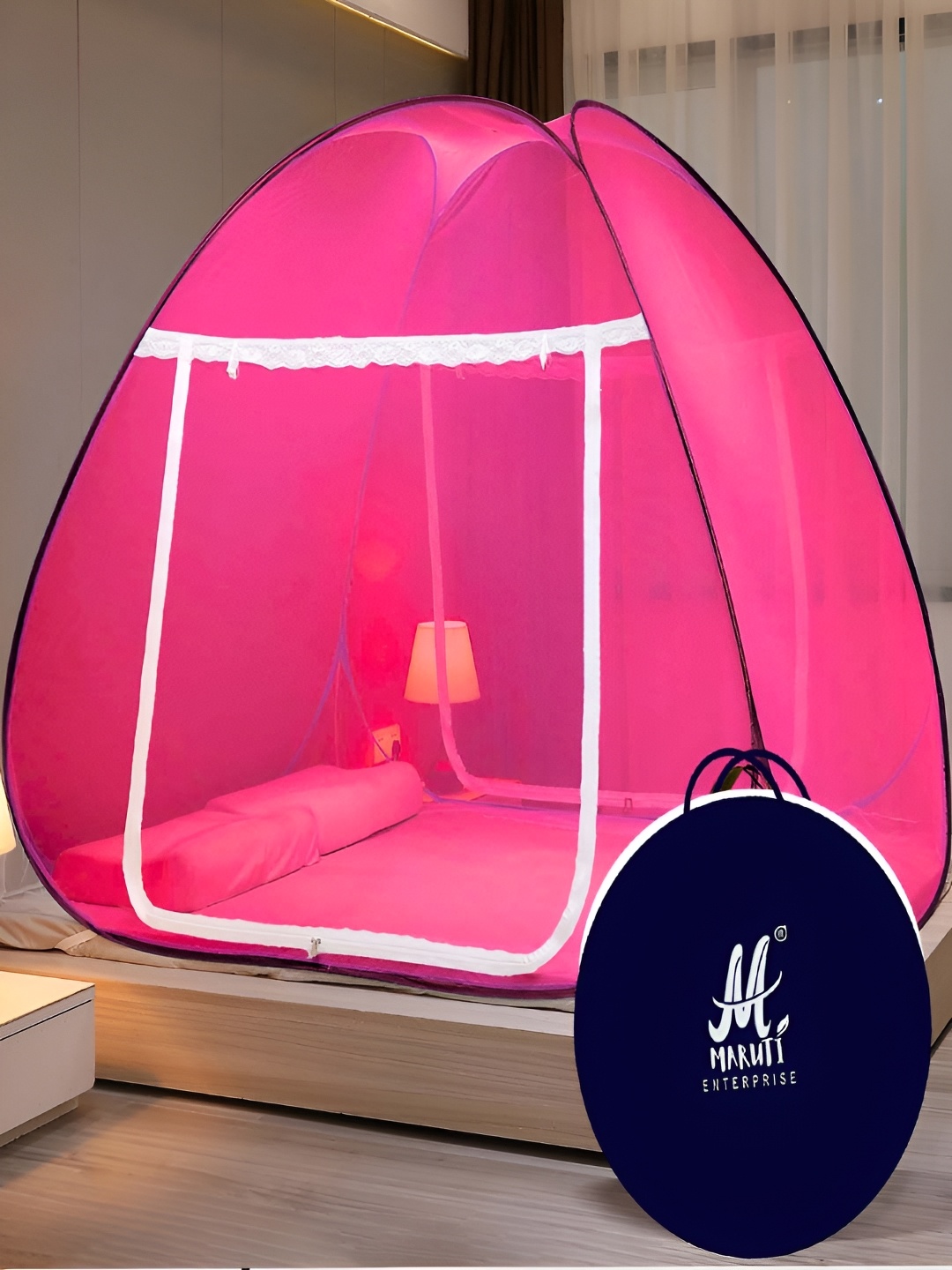 

MARUTI ENTERPRISE Pink & White King Size Tent Mosquito Net