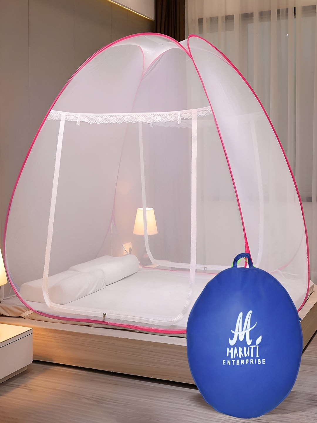 

MARUTI ENTERPRISE White & Pink King Size Tent Mosquito Net