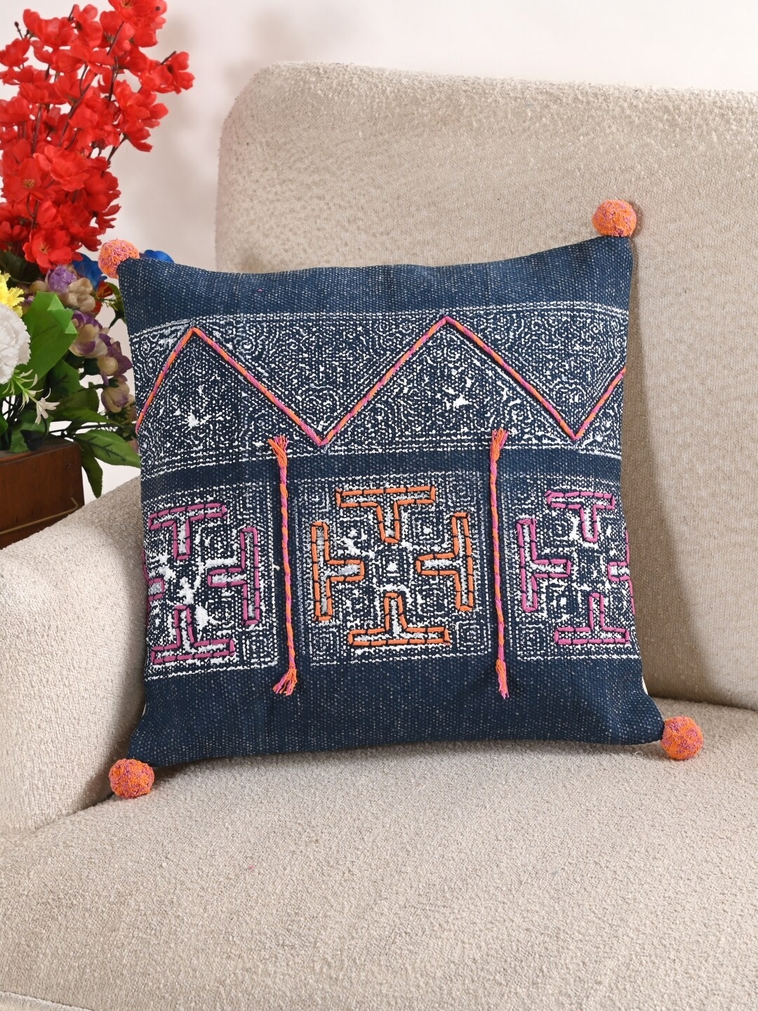 

Art Avenue White & Blue Geometric Embroidered Cotton Square Cushion Cover