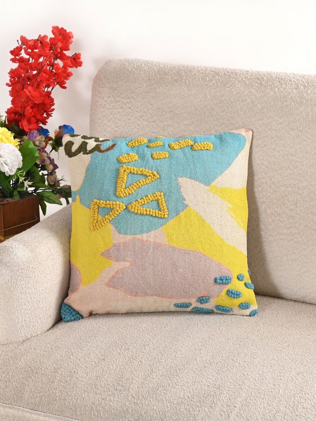 

Art Avenue White & Turquoise Blue Geometric Cotton Square Cushion Cover