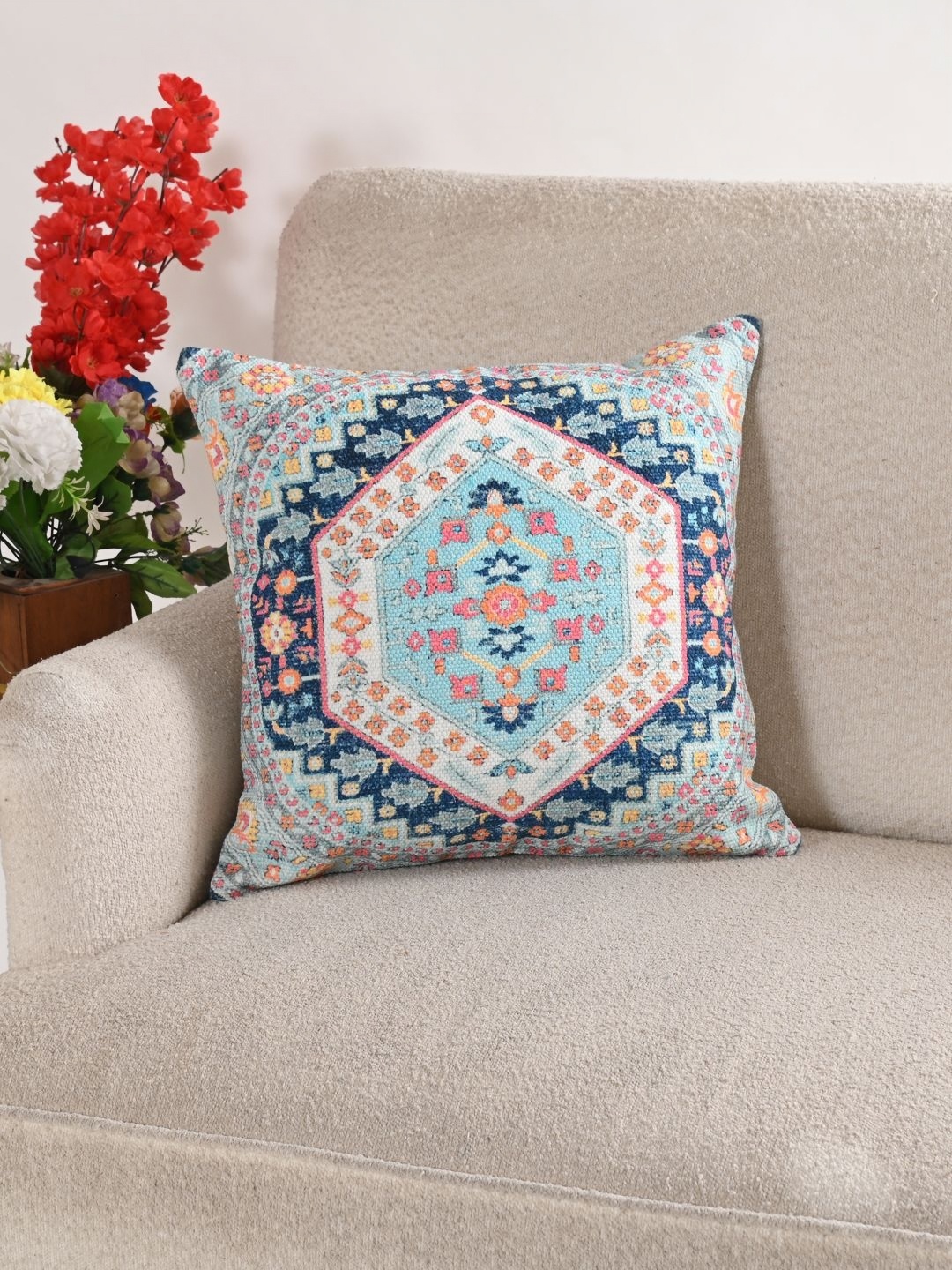 

Art Avenue Blue & Orange Ethnic Motifs Textured Cotton Square Cushion Cover