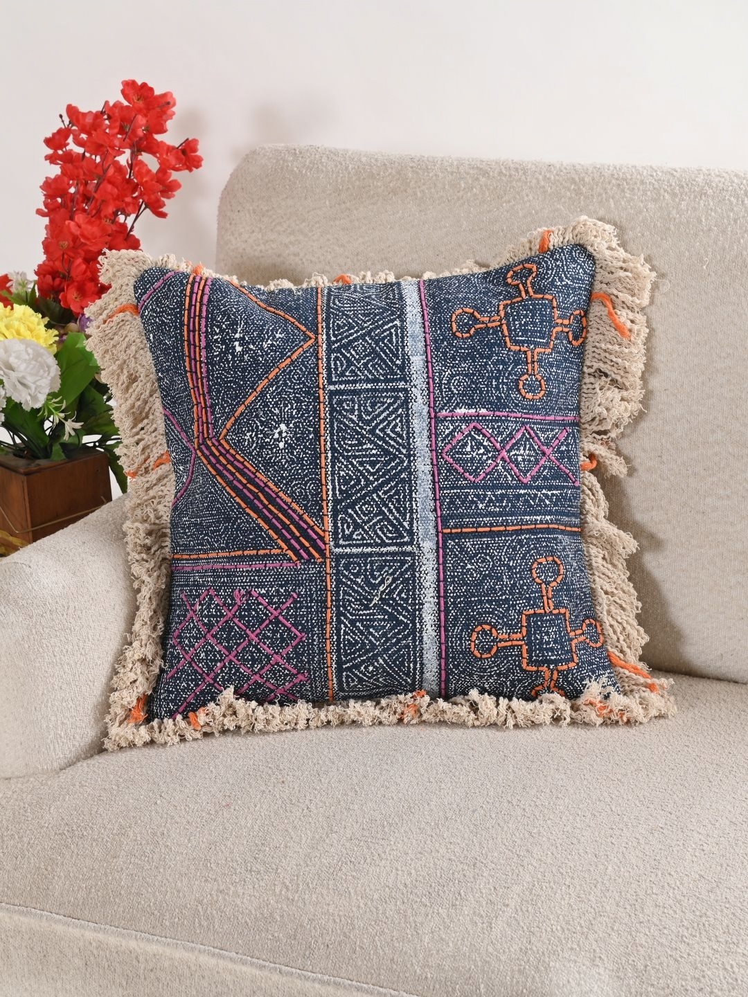 

Art Avenue Blue & Grey Geometric Embroidered Cotton Square Cushion Cover