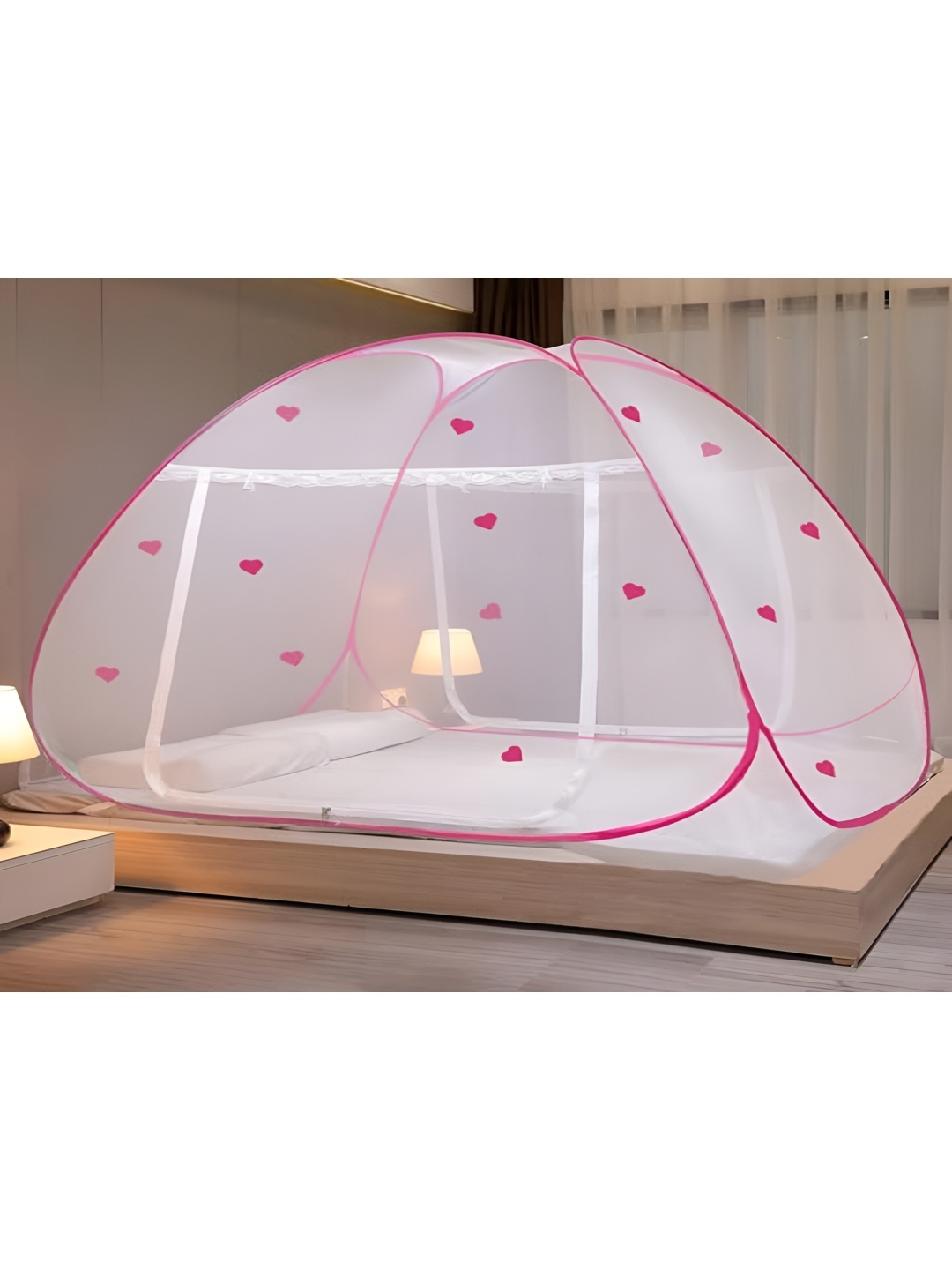 

Evafly Pink & White Printed King Size Foldable Tent Mosquito Net