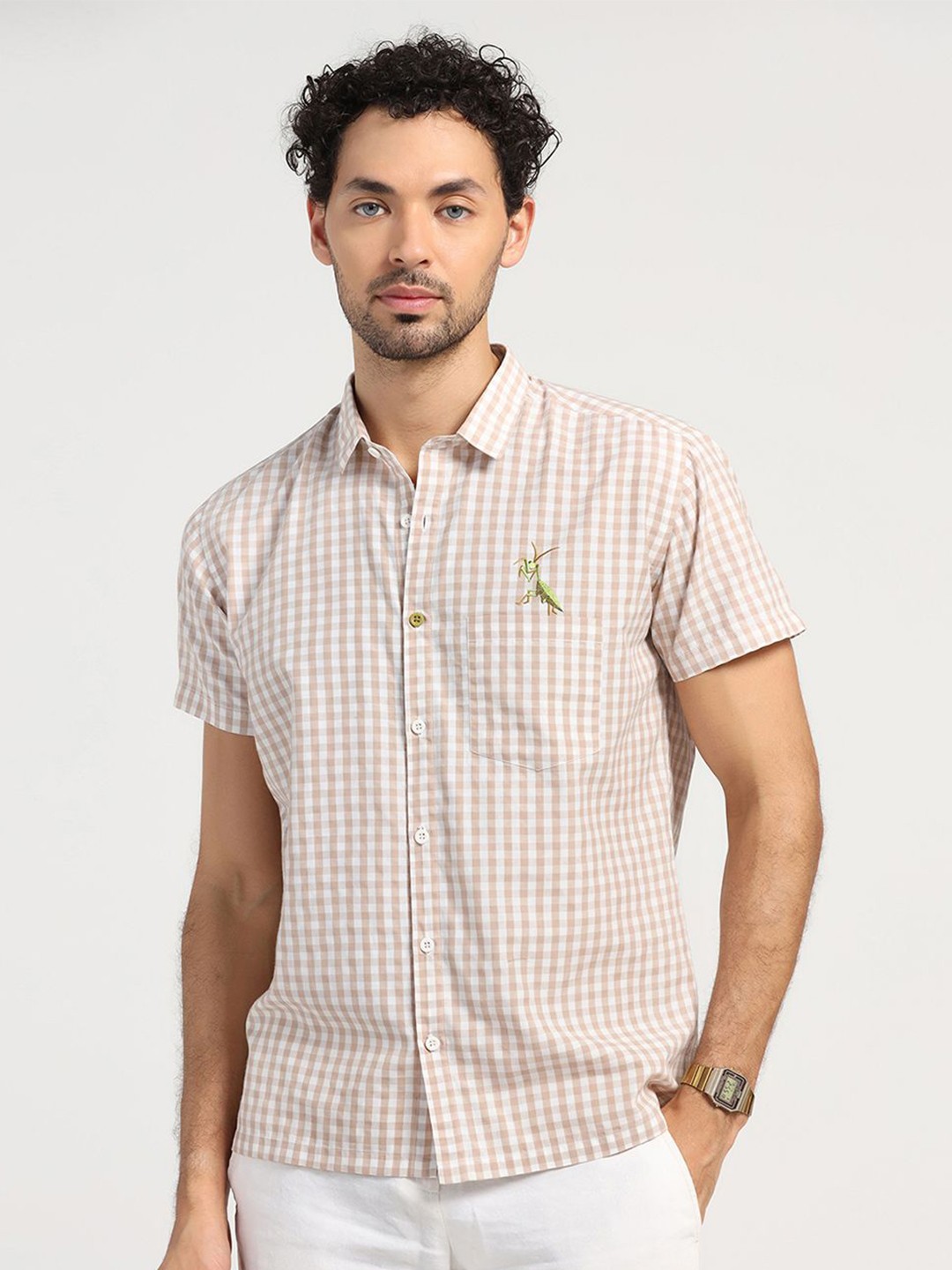 

LELA Men Standard Gingham Checks Opaque Checked Party Shirt, Beige