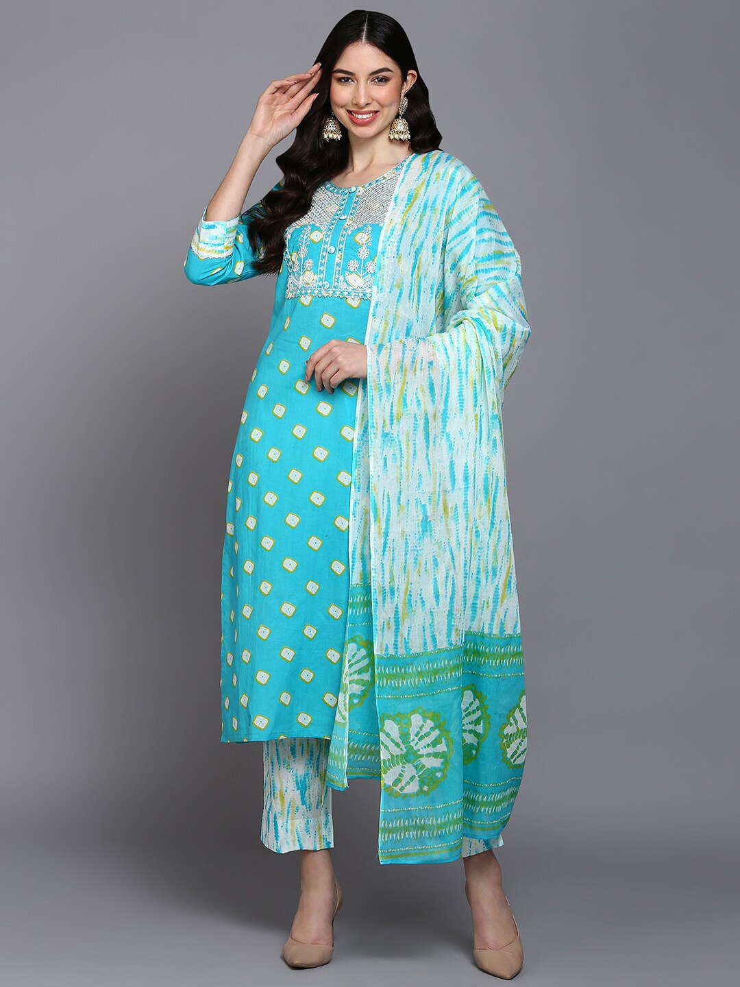 

KALINI Embroidered Regular Thread Work Pure Cotton Kurta ,Trousers & Dupatta, Blue