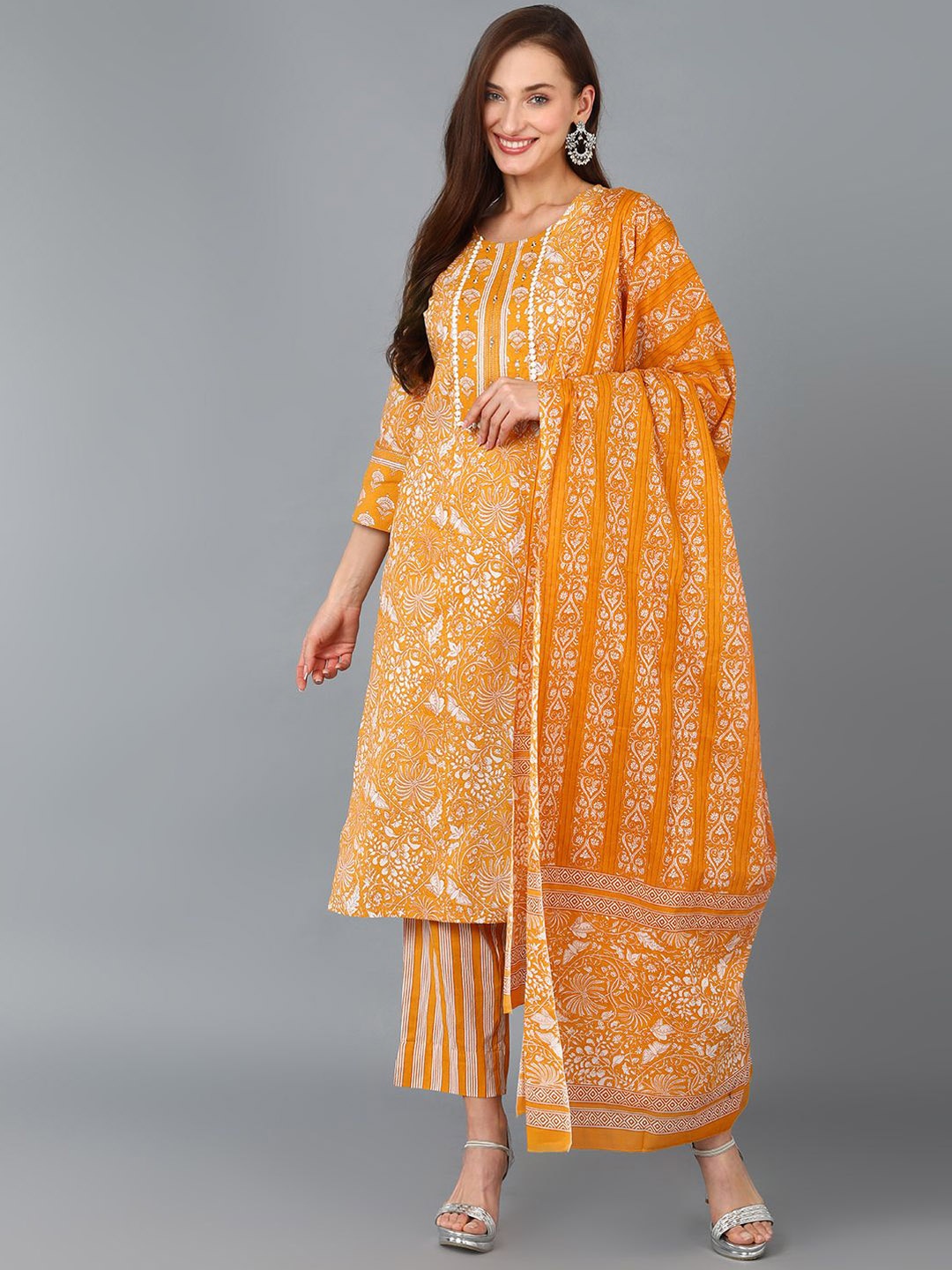 

KALINI Ethnic Motifs Printed Pure Cotton Straight Kurta With Trousers & Dupatta, Mustard