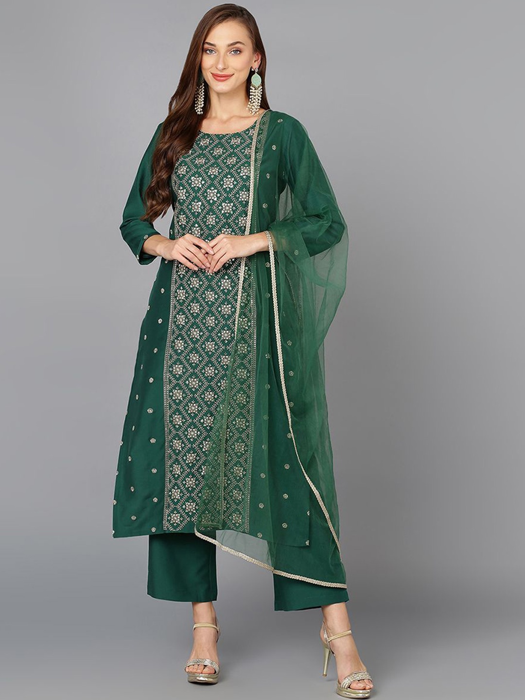 

KALINI Ethnic Motifs Embroidered Regular Sequinned Kurta ,Trousers & Dupatta, Green