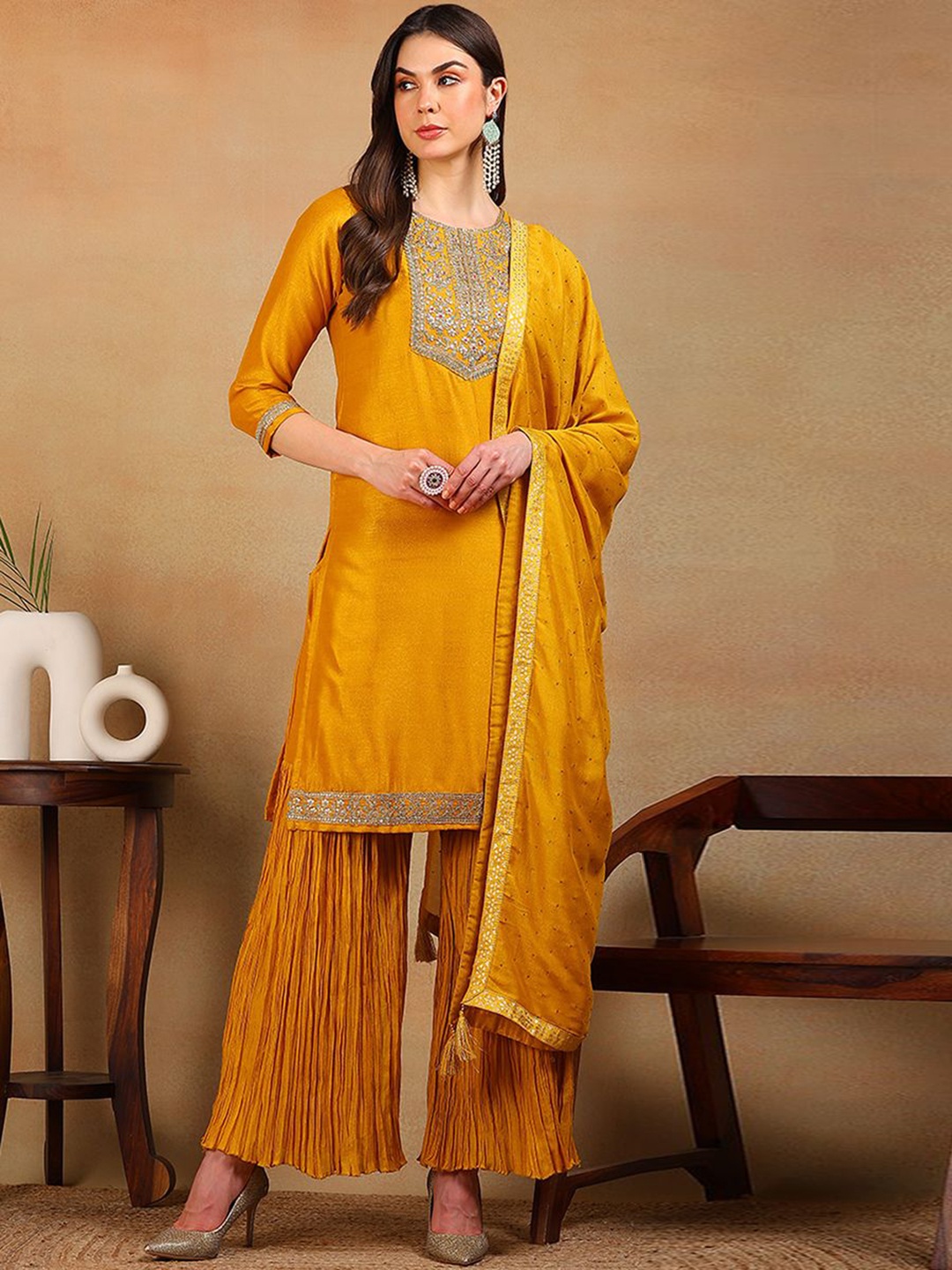 

KALINI Floral Embroidered Sequinned Yoke or Border Straight Kurta Sharara & With Dupatta, Yellow