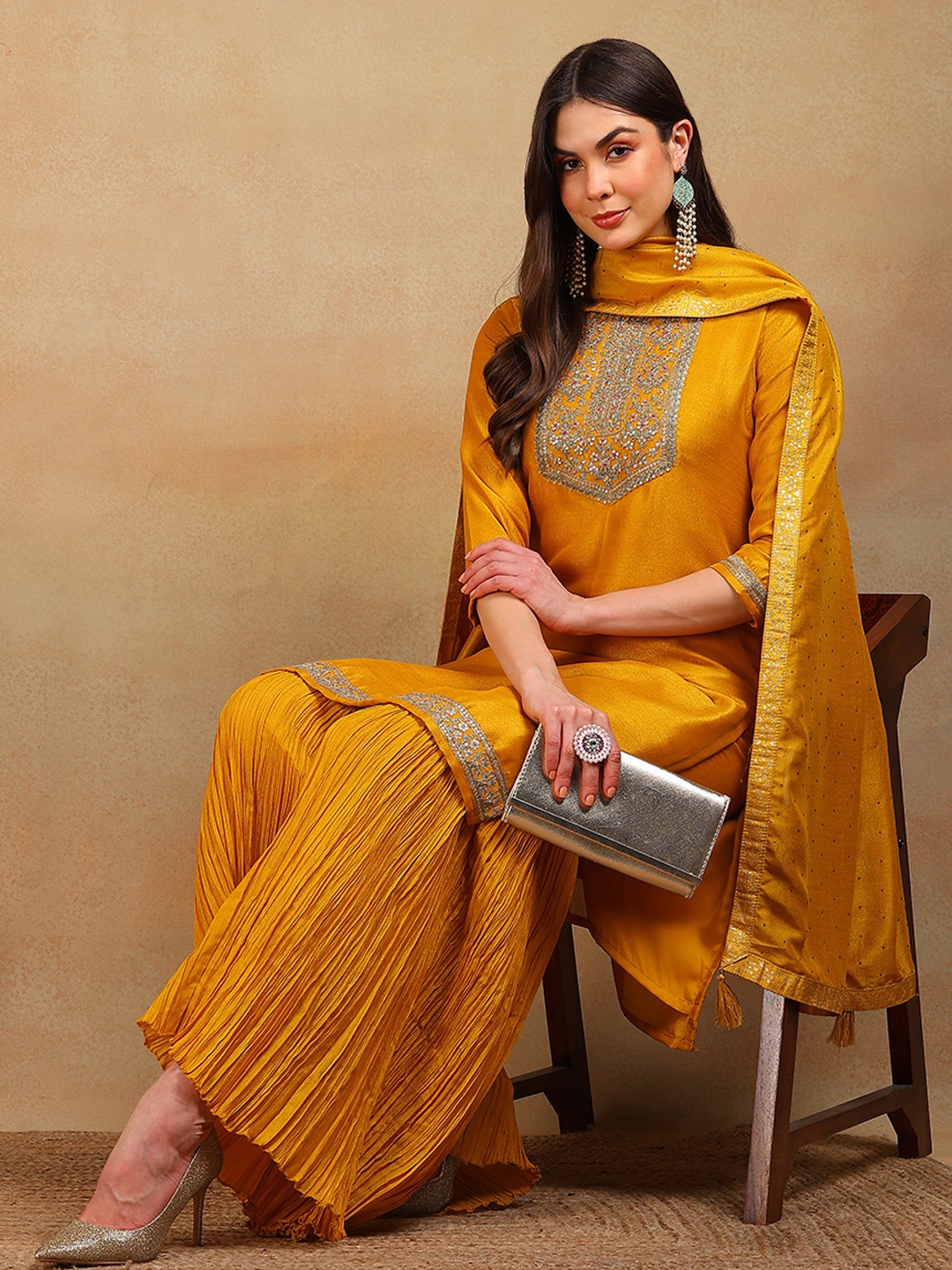 

KALINI Floral Embroidered Sequinned Yoke or Border Straight Kurta Sharara & With Dupatta, Yellow