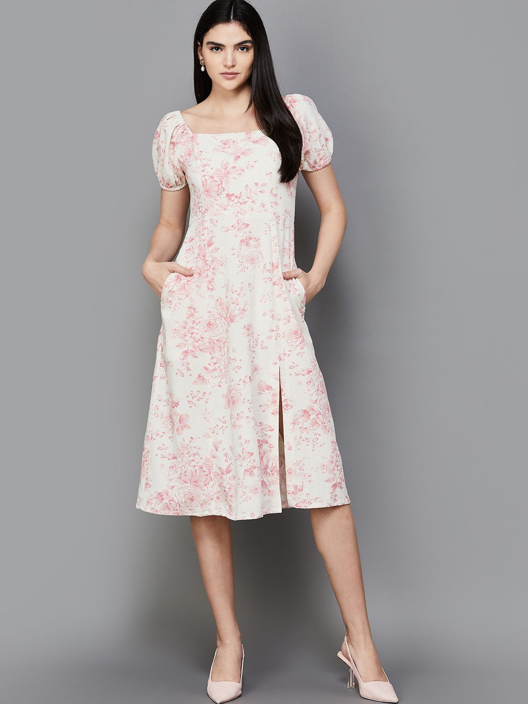 

CODE by Lifestyle Floral Print Puff Sleeve Fit & Flare Midi Dress, Pink