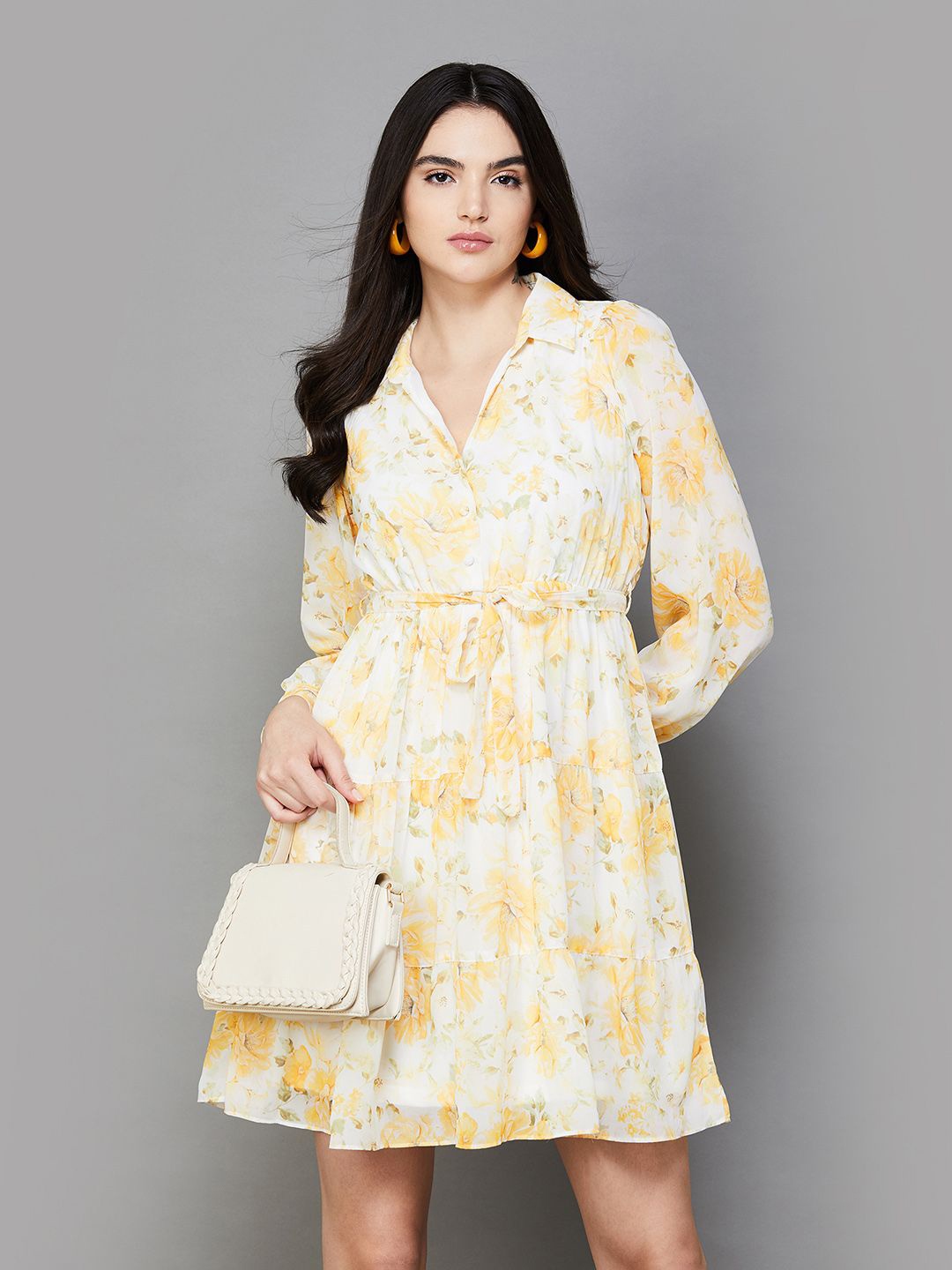 

CODE by Lifestyle Floral Print Flared Sleeve Fit & Flare Dress, Yellow