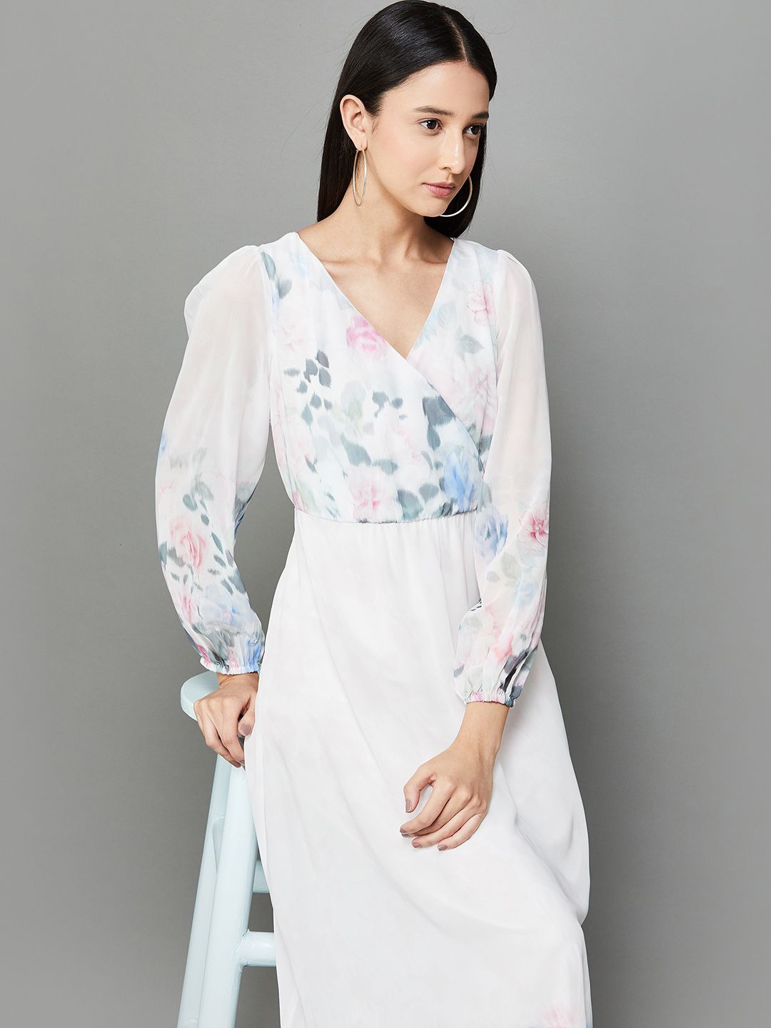 

CODE by Lifestyle Floral Print Puff Sleeve Midi Dress, Off white